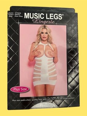 Music Legs White Plus Size Open-Bust Diamond Net Mini Dress